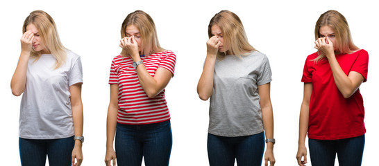 Collage of young beautiful blonde woman wearing a t-shirt over white isolated backgroud tired rubbing nose and eyes feeling fatigue and headache. Stress and frustration concept.