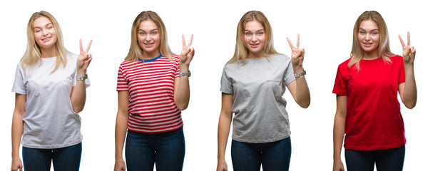 Collage of young beautiful blonde woman wearing a t-shirt over white isolated backgroud showing and pointing up with fingers number two while smiling confident and happy.