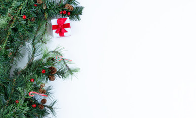 Christmas tree branches and decorations on left side of solid white background