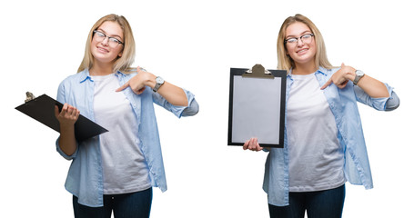 Collage of young beautiful blonde business woman holding clipboard over white isolated backgroud with surprise face pointing finger to himself