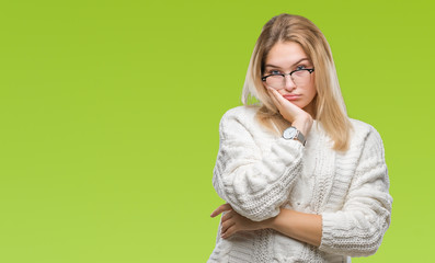 Young caucasian woman wearing glasses over isolated background thinking looking tired and bored with depression problems with crossed arms.