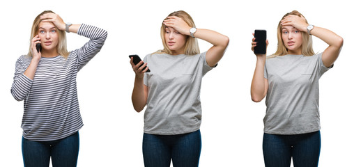 Collage of young beautiful blonde business woman using smartphone over white isolated backgroud stressed with hand on head, shocked with shame and surprise face, angry and frustrated. Fear and upset