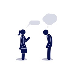 woman and man talking, stick figure pictogram people, business meeting, businesswoman and worker icon