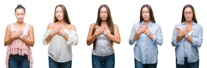 Collage of young beautiful brunette girl over white isolated background smiling with hands on chest with closed eyes and grateful gesture on face. Health concept.