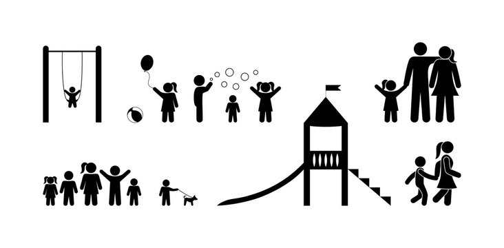 pictogram family, children and parents walk on the playground, stick figure man, people icons