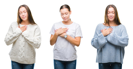 Obraz premium Collage of young beautiful girl wearing winter sweater over white isolated background smiling with hands on chest with closed eyes and grateful gesture on face. Health concept.