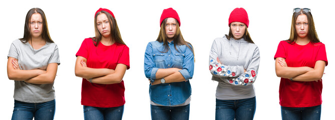 Collage of young beautiful brunette girl over white isolated background skeptic and nervous, disapproving expression on face with crossed arms. Negative person.