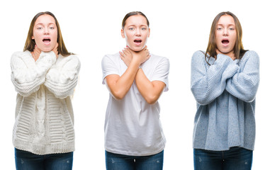 Collage of young beautiful girl wearing winter sweater over white isolated background shouting and suffocate because painful strangle. Health problem. Asphyxiate and suicide concept.