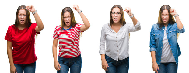 Collage of young beautiful girl over white isolated background angry and mad raising fist frustrated and furious while shouting with anger. Rage and aggressive concept.