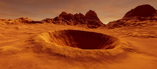 Foto op Canvas Extremely detailed and realistic high resolution 3D illustration of a big crater on mars like landscape © Sasa Kadrijevic