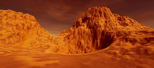 Extremely detailed and realistic high resolution 3D illustration a Mars like landscape.