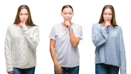 Collage of young beautiful girl wearing winter sweater over white isolated background asking to be quiet with finger on lips. Silence and secret concept.