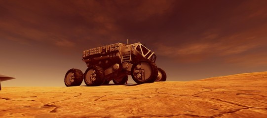 Extremely detailed and realistic high resolution 3d illustration of a space rover vehicle on mars like landscape © Sasa Kadrijevic