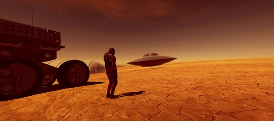 Extremely detailed and realistic high resolution 3d illustration of an astronaut on Mars like planet with a flying saucer UFO in the background