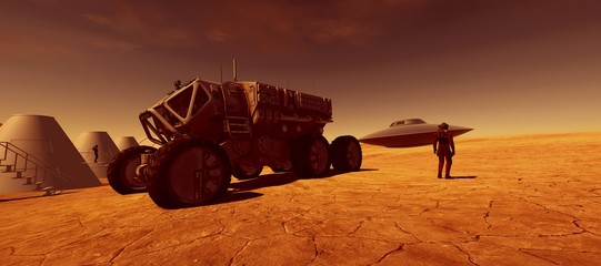 Extremely detailed and realistic high resolution 3d illustration of an astronaut on Mars like planet with a flying saucer UFO in the background © Sasa Kadrijevic