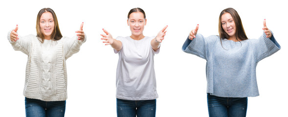 Collage of young beautiful girl wearing winter sweater over white isolated background looking at the camera smiling with open arms for hug. Cheerful expression embracing happiness.
