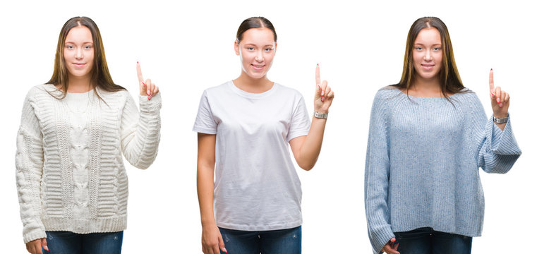 Collage of young beautiful girl wearing winter sweater over white isolated background showing and pointing up with finger number one while smiling confident and happy.