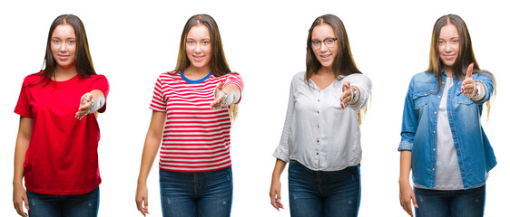 Collage of young beautiful girl over white isolated background smiling friendly offering handshake as greeting and welcoming. Successful business.