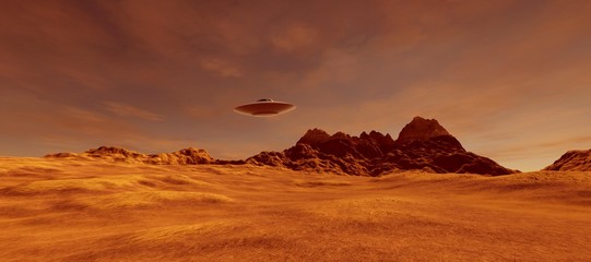 Extremely detailed and realistic high resolution 3D illustration of an UFO Flying Saucer on a Mars like planet © Sasa Kadrijevic