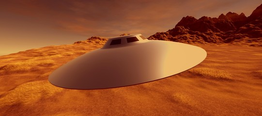 Extremely detailed and realistic high resolution 3D illustration of an UFO Flying Saucer on a Mars like planet