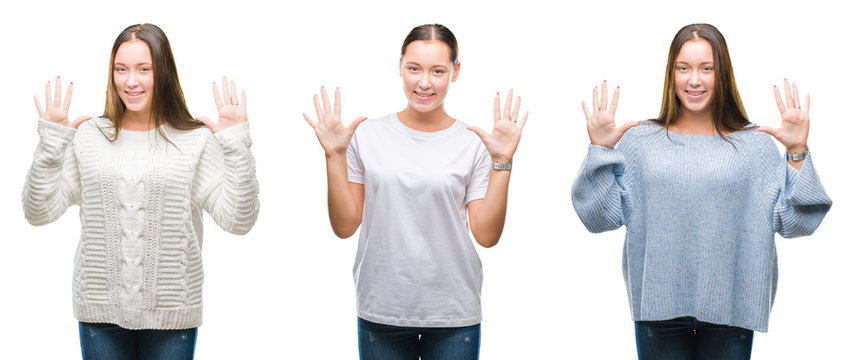 Collage of young beautiful girl wearing winter sweater over white isolated background showing and pointing up with fingers number ten while smiling confident and happy.