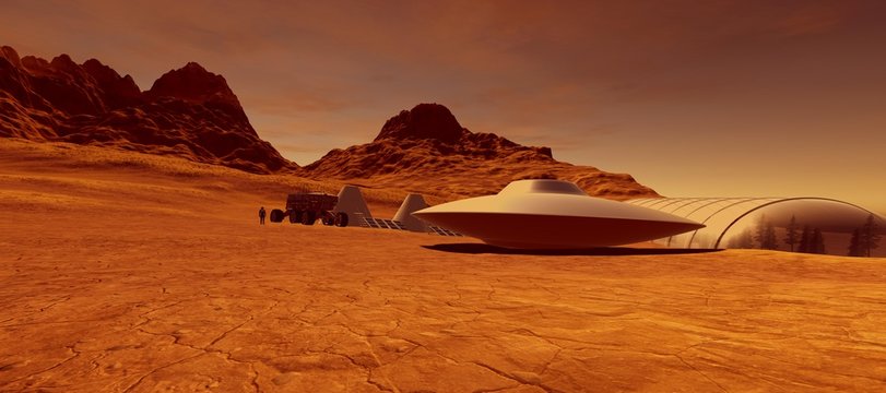 Extremely detailed and realistic high resolution 3d illustration of an Alien Ufo Flying Saucer Space Ship on Mars like Planet with Colony in Background