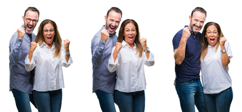 Collage of middle age mature beautiful couple of senior wife and husband over white isolated background celebrating surprised and amazed for success with arms raised and open eyes. Winner concept.