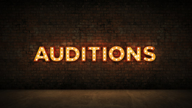 Neon Sign on Brick Wall background - Auditions. 3d rendering