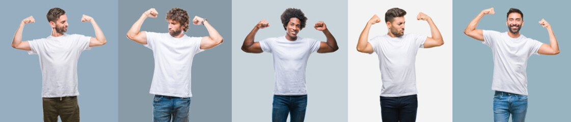 Fototapeta premium Collage of group of handsome hispanic, indian and arab men over vintage background showing arms muscles smiling proud. Fitness concept.