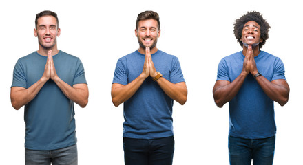 Collage of group of hispanic and african american men over isolated background praying with hands together asking for forgiveness smiling confident.