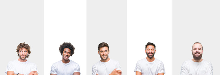 Collage of young caucasian, hispanic, afro men wearing white t-shirt over white isolated background happy face smiling with crossed arms looking at the camera. Positive person.