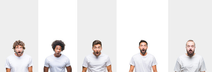 Collage of young caucasian, hispanic, afro men wearing white t-shirt over white isolated background afraid and shocked with surprise expression, fear and excited face.