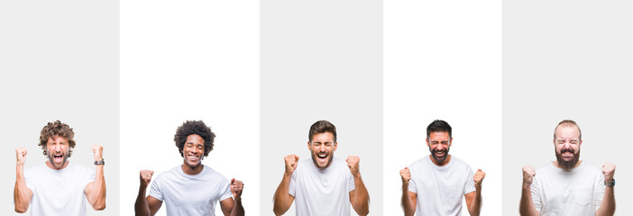 Collage of young caucasian, hispanic, afro men wearing white t-shirt over white isolated background excited for success with arms raised celebrating victory smiling. Winner concept.