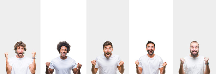 Collage of young caucasian, hispanic, afro men wearing white t-shirt over white isolated background celebrating surprised and amazed for success with arms raised and open eyes. Winner concept.