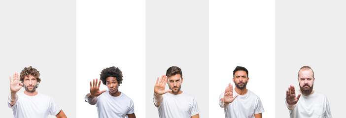 Collage of young caucasian, hispanic, afro men wearing white t-shirt over white isolated background doing stop sing with palm of the hand. Warning expression with negative and serious gesture