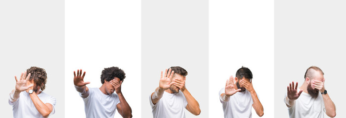 Collage of young caucasian, hispanic, afro men wearing white t-shirt over white isolated background covering eyes with hands and doing stop gesture with sad and fear expression. Embarrassed