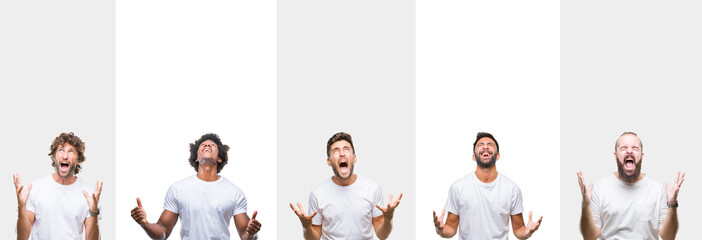 Collage of young caucasian, hispanic, afro men wearing white t-shirt over white isolated background crazy and mad shouting and yelling with aggressive expression and arms raised. Frustration concept.