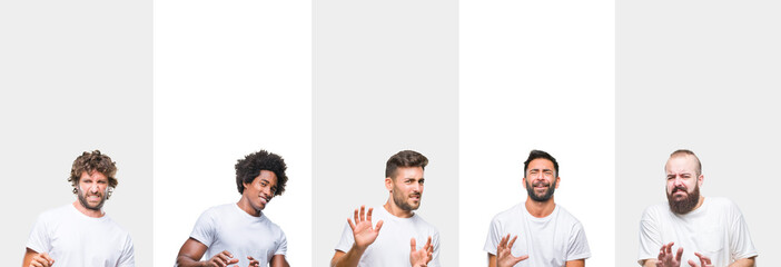Collage of young caucasian, hispanic, afro men wearing white t-shirt over white isolated background disgusted expression, displeased and fearful doing disgust face because aversion reaction