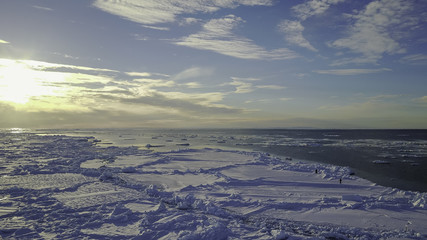 Aerial view over the ice floe edge, Lancaster Sound, northern Baffin Island, Canadian Arctic.