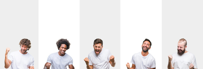 Collage of young caucasian, hispanic, afro men wearing white t-shirt over white isolated background very happy and excited doing winner gesture with arms raised, smiling and screaming for success