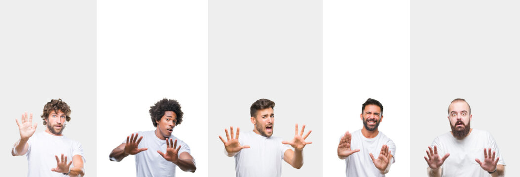 Collage of young caucasian, hispanic, afro men wearing white t-shirt over white isolated background afraid and terrified with fear expression stop gesture with hands, shouting in shock. Panic concept.