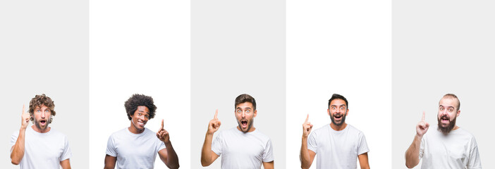 Collage of young caucasian, hispanic, afro men wearing white t-shirt over white isolated background pointing finger up with successful idea. Exited and happy. Number one.