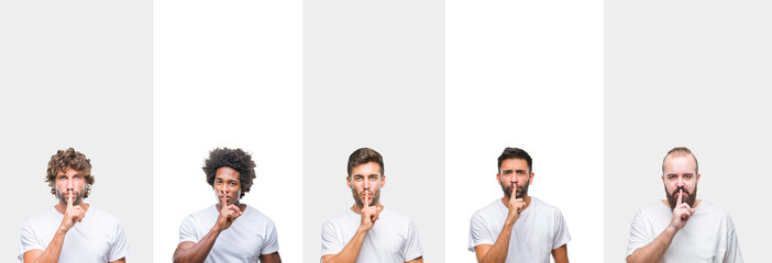 Collage of young caucasian, hispanic, afro men wearing white t-shirt over white isolated background asking to be quiet with finger on lips. Silence and secret concept. - obrazy, fototapety, plakaty