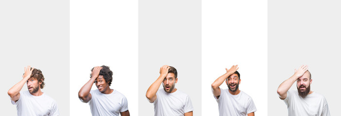 Collage of young caucasian, hispanic, afro men wearing white t-shirt over white isolated background...