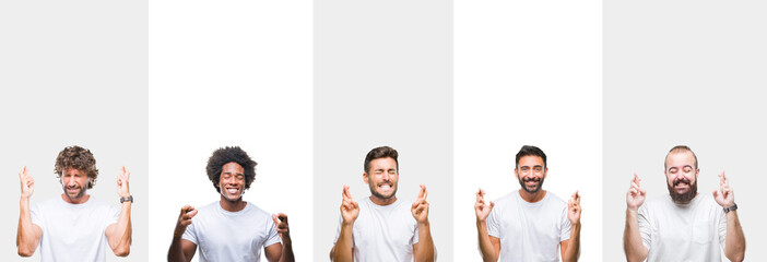 Collage of young caucasian, hispanic, afro men wearing white t-shirt over white isolated background smiling crossing fingers with hope and eyes closed. Luck and superstitious concept.