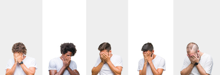 Collage of young caucasian, hispanic, afro men wearing white t-shirt over white isolated background with sad expression covering face with hands while crying. Depression concept.