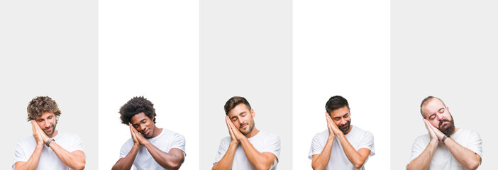 Collage of young caucasian, hispanic, afro men wearing white t-shirt over white isolated background sleeping tired dreaming and posing with hands together while smiling with closed eyes.