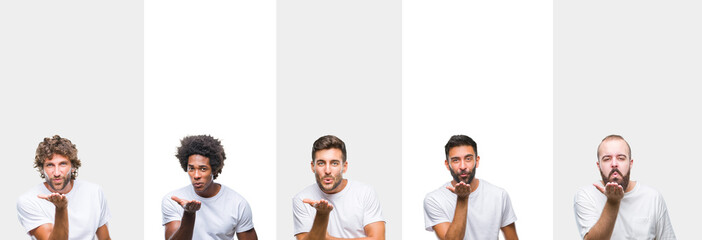 Collage of young caucasian, hispanic, afro men wearing white t-shirt over white isolated background looking at the camera blowing a kiss with hand on air being lovely and sexy. Love expression.