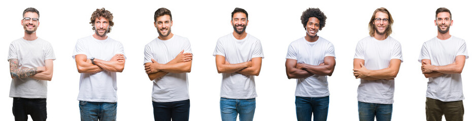 Collage of young caucasian, hispanic, afro men wearing white t-shirt over white isolated background...