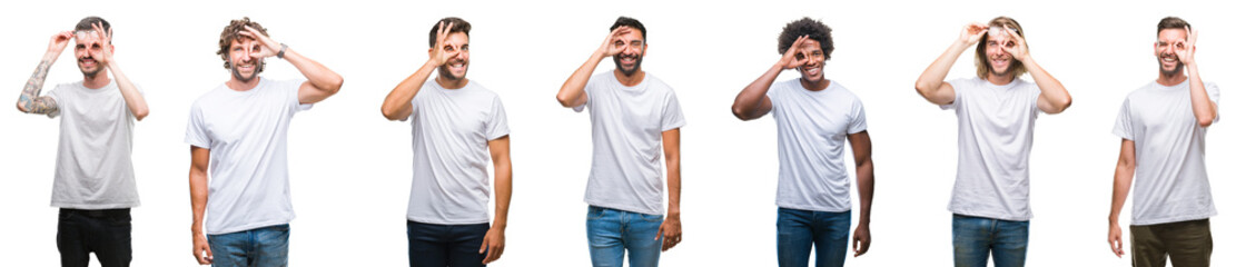 Collage of young caucasian, hispanic, afro men wearing white t-shirt over white isolated background doing ok gesture with hand smiling, eye looking through fingers with happy face.
